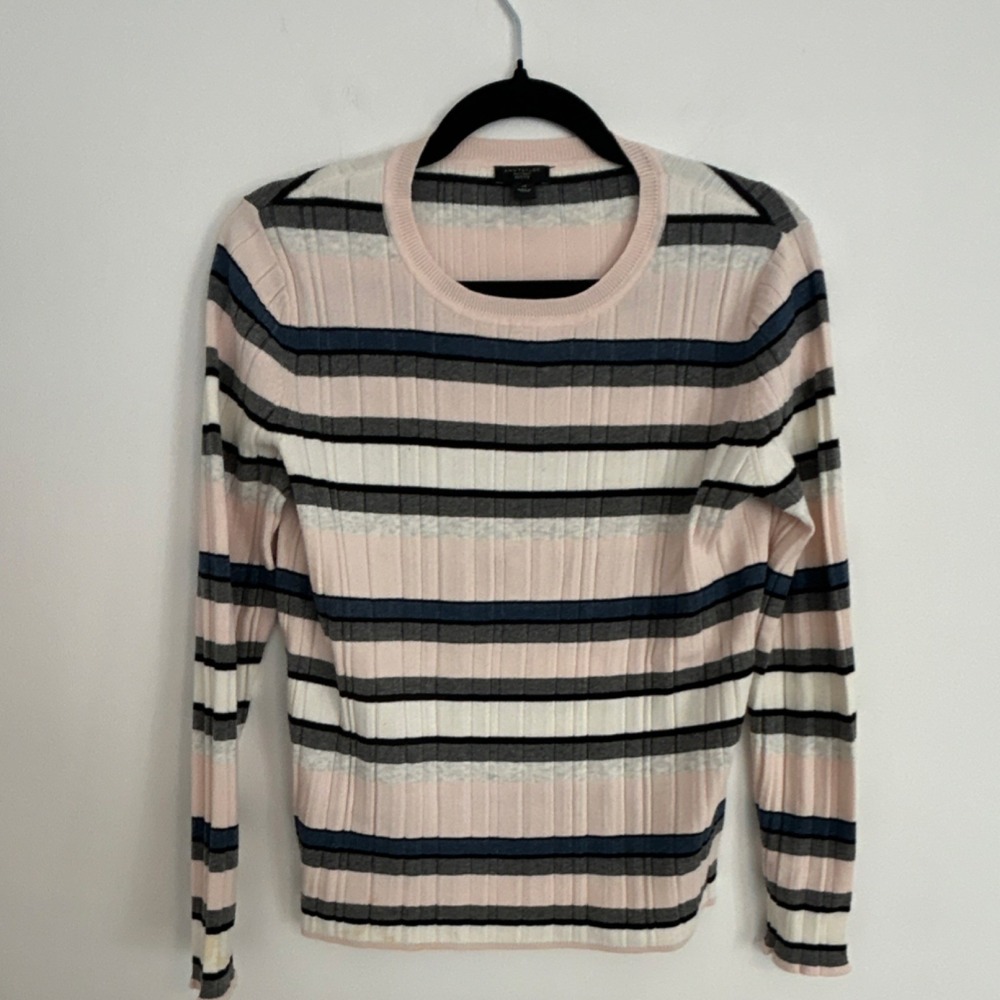 Ann Taylor Women's Ribbed Knit Pullover Sweater Striped Pink Petites LP